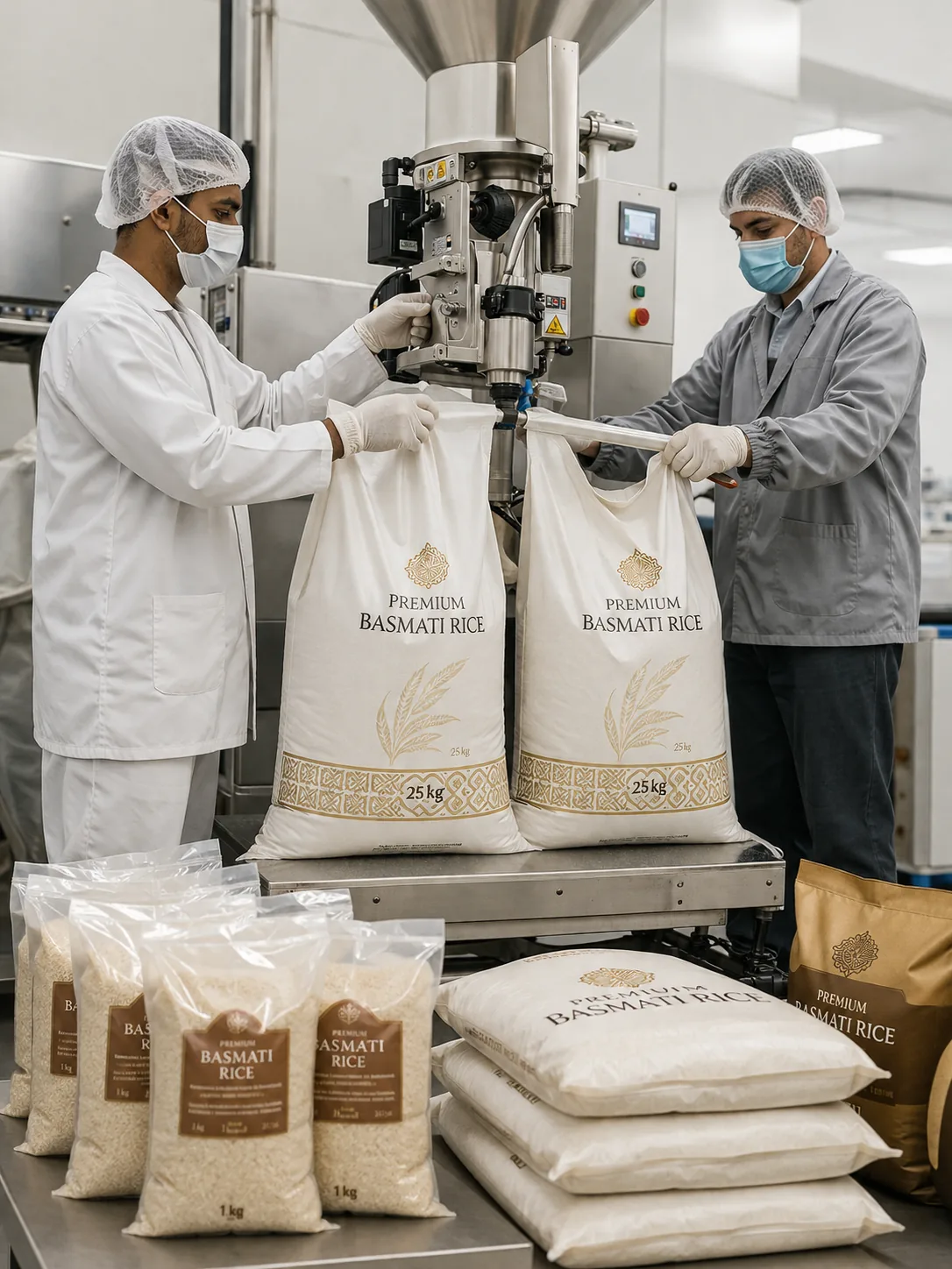 Premium packaged food products representing rice packaging