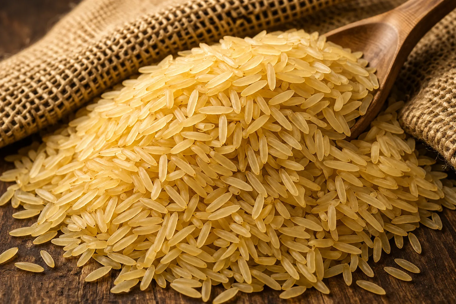 Parboiled Sella rice identity with golden parboiled grains